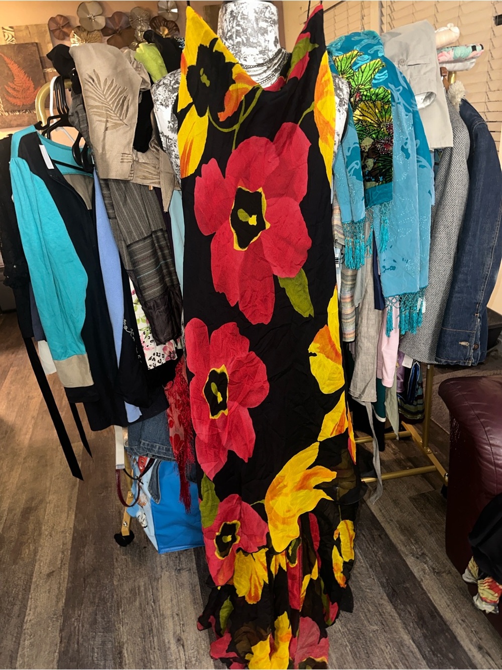 Cache Floral Maxi Dress — Black with Red & Yellow Blooms
